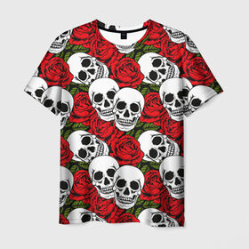Мужская футболка 3D с принтом Черепа в розах в Курске, 100% полиэфир | прямой крой, круглый вырез горловины, длина до линии бедер | music | rock | skull | музыка | рок | череп | черепа