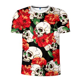 Мужская футболка 3D спортивная с принтом Черепки и розы в Курске, 100% полиэстер с улучшенными характеристиками | приталенный силуэт, круглая горловина, широкие плечи, сужается к линии бедра | music | rock | skull | музыка | рок | череп | черепа