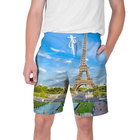 Мужские шорты 3D с принтом Париж в Курске,  полиэстер 100% | прямой крой, два кармана без застежек по бокам. Мягкая трикотажная резинка на поясе, внутри которой широкие завязки. Длина чуть выше колен | Тематика изображения на принте: france | paris | париж | франция | эйфелева башня