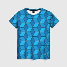 Женская футболка 3D с принтом Blue cube в Курске, 100% полиэфир ( синтетическое хлопкоподобное полотно) | прямой крой, круглый вырез горловины, длина до линии бедер | кубы | паттерн | синий