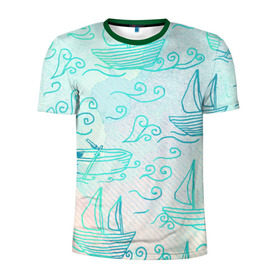 Мужская футболка 3D спортивная с принтом Лазурные корабли в Курске, 100% полиэстер с улучшенными характеристиками | приталенный силуэт, круглая горловина, широкие плечи, сужается к линии бедра | арт | волны | корабли | лодки | море | океан