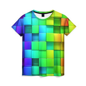 Женская футболка 3D с принтом Кубики в Курске, 100% полиэфир ( синтетическое хлопкоподобное полотно) | прямой крой, круглый вырез горловины, длина до линии бедер | квадраты | кубики | радуга | разноцветные