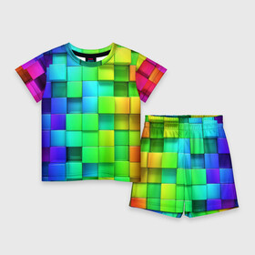 Детский костюм с шортами 3D с принтом Кубики в Курске,  |  | Тематика изображения на принте: квадраты | кубики | радуга | разноцветные