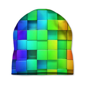Шапка 3D с принтом Кубики в Курске, 100% полиэстер | универсальный размер, печать по всей поверхности изделия | квадраты | кубики | радуга | разноцветные