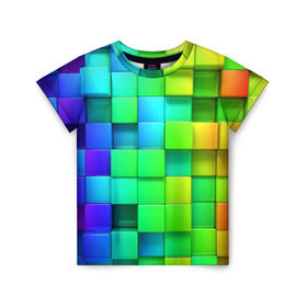 Детская футболка 3D с принтом Кубики в Курске, 100% гипоаллергенный полиэфир | прямой крой, круглый вырез горловины, длина до линии бедер, чуть спущенное плечо, ткань немного тянется | квадраты | кубики | радуга | разноцветные