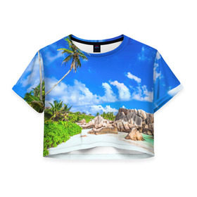 Женская футболка 3D укороченная с принтом Сейшельские острова в Курске, 100% полиэстер | круглая горловина, длина футболки до линии талии, рукава с отворотами | seychelles | восточная африка | индийский океан | каникулы | море | островное государство | отдых | отпуск | пальмы | песок | пляж | приключение | путешествие | рай | сейшелы | сейшельские острова | туризм