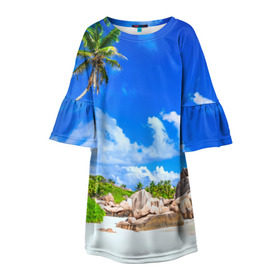 Детское платье 3D с принтом Сейшельские острова в Курске, 100% полиэстер | прямой силуэт, чуть расширенный к низу. Круглая горловина, на рукавах — воланы | seychelles | восточная африка | индийский океан | каникулы | море | островное государство | отдых | отпуск | пальмы | песок | пляж | приключение | путешествие | рай | сейшелы | сейшельские острова | туризм