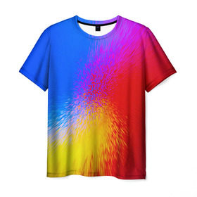 Мужская футболка 3D с принтом Взрыв красок в Курске, 100% полиэфир | прямой крой, круглый вырез горловины, длина до линии бедер | брызги | желтый | красный | синий