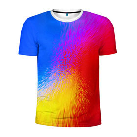 Мужская футболка 3D спортивная с принтом Взрыв красок в Курске, 100% полиэстер с улучшенными характеристиками | приталенный силуэт, круглая горловина, широкие плечи, сужается к линии бедра | брызги | желтый | красный | синий