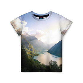 Детская футболка 3D с принтом Горное озеро в Курске, 100% гипоаллергенный полиэфир | прямой крой, круглый вырез горловины, длина до линии бедер, чуть спущенное плечо, ткань немного тянется | Тематика изображения на принте: горы | лес | небо | озеро