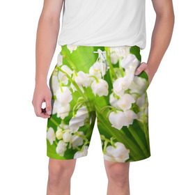 Мужские шорты 3D с принтом Ландыши в Курске,  полиэстер 100% | прямой крой, два кармана без застежек по бокам. Мягкая трикотажная резинка на поясе, внутри которой широкие завязки. Длина чуть выше колен | весна | ландыш | цветок
