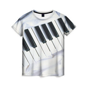 Женская футболка 3D с принтом Клавиши в Курске, 100% полиэфир ( синтетическое хлопкоподобное полотно) | прямой крой, круглый вырез горловины, длина до линии бедер | белая | клавиши | музыка | пианино | черная