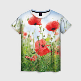 Женская футболка 3D с принтом Дикий мак в Курске, 100% полиэфир ( синтетическое хлопкоподобное полотно) | прямой крой, круглый вырез горловины, длина до линии бедер | зелень | лето | луг | лужайка | мак | небо | облака | поле | полевые цветы | природа | растения | растительность