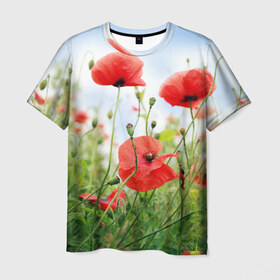 Мужская футболка 3D с принтом Дикий мак в Курске, 100% полиэфир | прямой крой, круглый вырез горловины, длина до линии бедер | зелень | лето | луг | лужайка | мак | небо | облака | поле | полевые цветы | природа | растения | растительность
