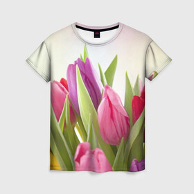 Женская футболка 3D с принтом Тюльпаны в Курске, 100% полиэфир ( синтетическое хлопкоподобное полотно) | прямой крой, круглый вырез горловины, длина до линии бедер | 8 марта | аромат | букет | вазон | великолепие | дача | девушки | женщины | краски | красота | куст | лужайка | милые цветы | огород | палитра | прелесть | радуга | растение | тюльпаны