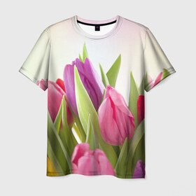 Мужская футболка 3D с принтом Тюльпаны в Курске, 100% полиэфир | прямой крой, круглый вырез горловины, длина до линии бедер | 8 марта | аромат | букет | вазон | великолепие | дача | девушки | женщины | краски | красота | куст | лужайка | милые цветы | огород | палитра | прелесть | радуга | растение | тюльпаны