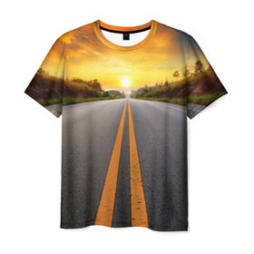 Мужская футболка 3D с принтом Дорога в закат в Курске, 100% полиэфир | прямой крой, круглый вырез горловины, длина до линии бедер | автобус | автостоп | будущее | движение | дорога | закат | заря | маршрут | машина | мотоцикл | небо | приключения | природа | путь | рассвет | солнце | трасса | шоссе