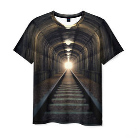 Мужская футболка 3D с принтом Бескрайний тоннель в Курске, 100% полиэфир | прямой крой, круглый вырез горловины, длина до линии бедер | железная дорога | иллюзия | коридор | свет в конце тоннеля | тоннель