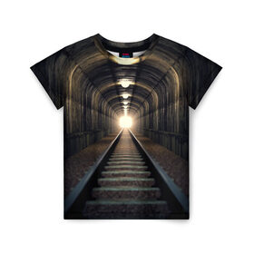 Детская футболка 3D с принтом Бескрайний тоннель в Курске, 100% гипоаллергенный полиэфир | прямой крой, круглый вырез горловины, длина до линии бедер, чуть спущенное плечо, ткань немного тянется | Тематика изображения на принте: железная дорога | иллюзия | коридор | свет в конце тоннеля | тоннель