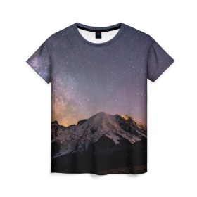 Женская футболка 3D с принтом Звездное небо в Курске, 100% полиэфир ( синтетическое хлопкоподобное полотно) | прямой крой, круглый вырез горловины, длина до линии бедер | горы | звезды | космос | небо | ночь