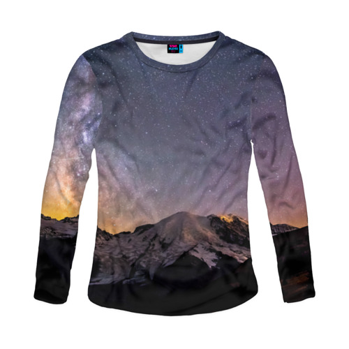 Женский лонгслив 3D с принтом Звездное небо в Курске, 100% полиэстер | длинные рукава, круглый вырез горловины, полуприлегающий силуэт | горы | звезды | космос | небо | ночь