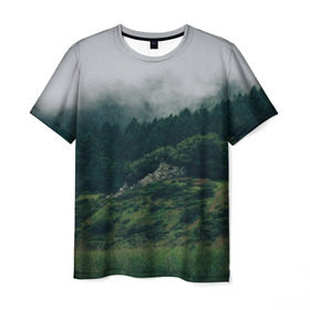 Мужская футболка 3D с принтом Туманный лес в Курске, 100% полиэфир | прямой крой, круглый вырез горловины, длина до линии бедер | Тематика изображения на принте: веткгоры | деревья | лес | туман