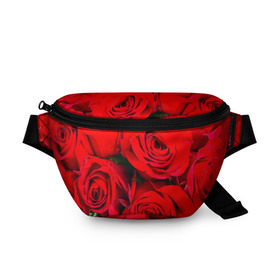 Поясная сумка 3D с принтом Розы в Курске, 100% полиэстер | плотная ткань, ремень с регулируемой длиной, внутри несколько карманов для мелочей, основное отделение и карман с обратной стороны сумки застегиваются на молнию | букет | красная | лепестки | роза | цветы