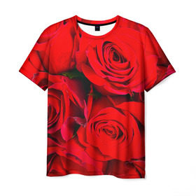 Мужская футболка 3D с принтом Розы в Курске, 100% полиэфир | прямой крой, круглый вырез горловины, длина до линии бедер | букет | красная | лепестки | роза | цветы