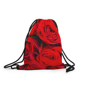 Рюкзак-мешок 3D с принтом Розы в Курске, 100% полиэстер | плотность ткани — 200 г/м2, размер — 35 х 45 см; лямки — толстые шнурки, застежка на шнуровке, без карманов и подкладки | Тематика изображения на принте: букет | красная | лепестки | роза | цветы