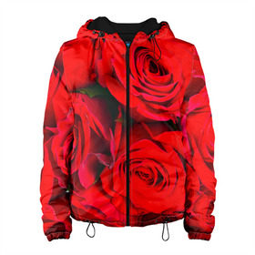 Женская куртка 3D с принтом Розы в Курске, ткань верха — 100% полиэстер, подклад — флис | прямой крой, подол и капюшон оформлены резинкой с фиксаторами, два кармана без застежек по бокам, один большой потайной карман на груди. Карман на груди застегивается на липучку | букет | красная | лепестки | роза | цветы