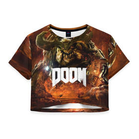 Женская футболка 3D укороченная с принтом Doom 4 Hell Cyberdemon в Курске, 100% полиэстер | круглая горловина, длина футболки до линии талии, рукава с отворотами | cyberdemon | demon | doom | hell | дум