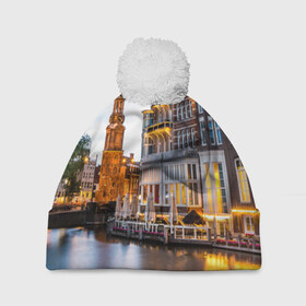Шапка 3D c помпоном с принтом Амстердам в Курске, 100% полиэстер | универсальный размер, печать по всей поверхности изделия | нидерланды | пейзаж