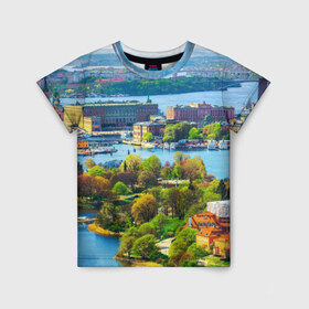 Детская футболка 3D с принтом Швеция в Курске, 100% гипоаллергенный полиэфир | прямой крой, круглый вырез горловины, длина до линии бедер, чуть спущенное плечо, ткань немного тянется | europe | stockholm | sweden | европа | ес | каникулы | отпуск | стокгольм | туризм | швеция