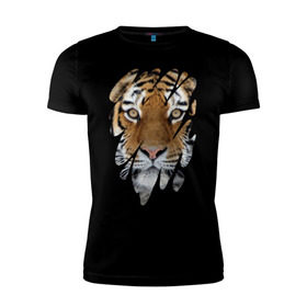 Мужская футболка премиум с принтом Ярость тигра в Курске, 92% хлопок, 8% лайкра | приталенный силуэт, круглый вырез ворота, длина до линии бедра, короткий рукав | tiger | дикая кошка | тигр | хищник