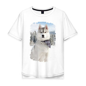 Мужская футболка хлопок Oversize с принтом Волк в зимнем лесу в Курске, 100% хлопок | свободный крой, круглый ворот, “спинка” длиннее передней части | Тематика изображения на принте: серый | хаски