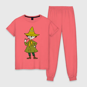 Женская пижама хлопок с принтом Снусмумрик в Курске, 100% хлопок | брюки и футболка прямого кроя, без карманов, на брюках мягкая резинка на поясе и по низу штанин | муми тролль