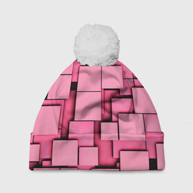 Шапка 3D c помпоном с принтом Кубики в Курске, 100% полиэстер | универсальный размер, печать по всей поверхности изделия | квадраты | объем | плитка | розовый