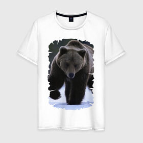 Мужская футболка хлопок с принтом Русский медведь в Курске, 100% хлопок | прямой крой, круглый вырез горловины, длина до линии бедер, слегка спущенное плечо. | берлога | животное | зверь | косолапый | медведь | мишка | потапыч | хищник | хозяин тайги