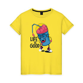 Женская футболка хлопок с принтом Life is good в Курске, 100% хлопок | прямой крой, круглый вырез горловины, длина до линии бедер, слегка спущенное плечо | good | happy | life