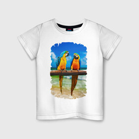 Детская футболка хлопок с принтом Попугаи в Курске, 100% хлопок | круглый вырез горловины, полуприлегающий силуэт, длина до линии бедер | Тематика изображения на принте: джунгли | клюв | острова | перья | попугай | птица | тропики | экзотика