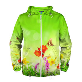 Мужская ветровка 3D с принтом Цветы в Курске, 100% полиэстер | подол и капюшон оформлены резинкой с фиксаторами, два кармана без застежек по бокам, один потайной карман на груди | бабочка | красивая | насекомые | природа | цветок