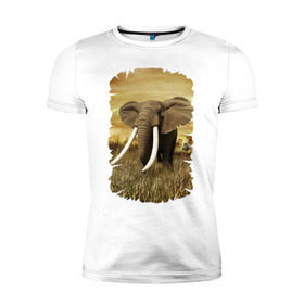 Мужская футболка премиум с принтом Могучий слон в Курске, 92% хлопок, 8% лайкра | приталенный силуэт, круглый вырез ворота, длина до линии бедра, короткий рукав | Тематика изображения на принте: elephant | африка | бивни | джунгли | мамонт | савана | сафари | слон | хобот