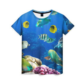 Женская футболка 3D с принтом Дайвинг в Курске, 100% полиэфир ( синтетическое хлопкоподобное полотно) | прямой крой, круглый вырез горловины, длина до линии бедер | дайвинг | египет | каникулы | коралловый риф | крабы | красное море | море | морские обитатели | океан | отдых | отпуск | подводные красоты | приключение | рыбки | рыбы | туризм
