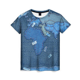 Женская футболка 3D с принтом Джинсовый 4 в Курске, 100% полиэфир ( синтетическое хлопкоподобное полотно) | прямой крой, круглый вырез горловины, длина до линии бедер | джинсовый | джинсы | карта | мир