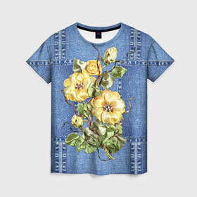 Женская футболка 3D с принтом Джинсовый 13 в Курске, 100% полиэфир ( синтетическое хлопкоподобное полотно) | прямой крой, круглый вырез горловины, длина до линии бедер | джинсовый | джинсы | цветы