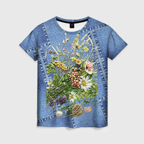 Женская футболка 3D с принтом Джинсовый 11 в Курске, 100% полиэфир ( синтетическое хлопкоподобное полотно) | прямой крой, круглый вырез горловины, длина до линии бедер | джинсовый | джинсы | цветы