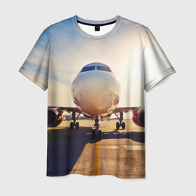 Мужская футболка 3D с принтом Самолет в Курске, 100% полиэфир | прямой крой, круглый вырез горловины, длина до линии бедер | дорога | летчик | небо | полет | самолет | солнце