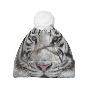 Шапка 3D c помпоном с принтом Бенгальский тигр в Курске, 100% полиэстер | универсальный размер, печать по всей поверхности изделия | tiger | белый | дикая кошка | тигр | хищник