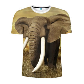 Мужская футболка 3D спортивная с принтом Могучий слон в Курске, 100% полиэстер с улучшенными характеристиками | приталенный силуэт, круглая горловина, широкие плечи, сужается к линии бедра | Тематика изображения на принте: elephant | африка | бивни | джунгли | мамонт | савана | сафари | слон | хобот