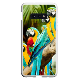 Чехол для Samsung S10E с принтом Попугаи на ветке в Курске, Силикон | Область печати: задняя сторона чехла, без боковых панелей | джунгли | клюв | острова | перья | попугай | птица | тропики | экзотика